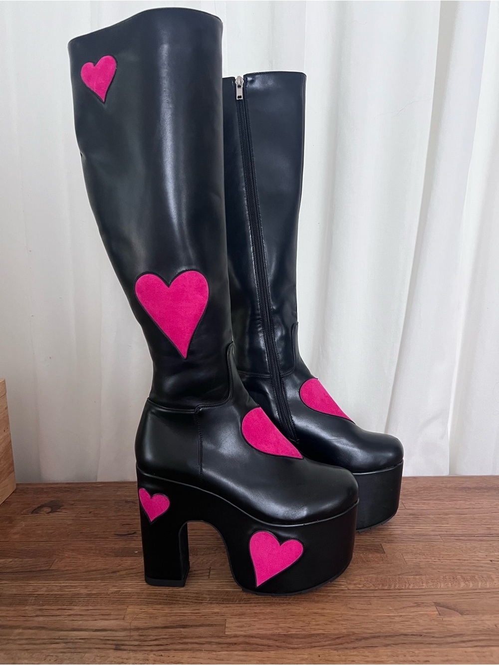 LaModa Black Platform Knee-High Boots with Pink Heart Accents